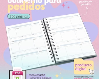 May include: A spiral-bound notebook with the text "cuaderno para pedidos" and "200 páginas". The notebook is open, displaying lined pages for order details. A laptop with a PDF icon is in the lower left corner. The words "producto digital" are also visible.