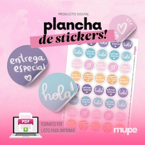 Peut inclure: Feuille d'autocollants numériques avec le texte "plancha de stickers!" et des autocollants individuels avec les mots "hola" et "entrega especial". Les autocollants sont de différentes couleurs pastel, avec une option de téléchargement PDF.