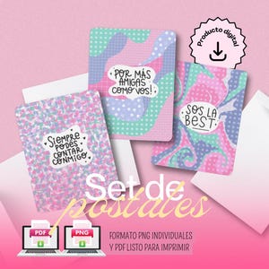 Puede incluir: Un conjunto de tres postales decorativas con colores pastel y patrones. Cada tarjeta presenta un diseño diferente y texto en español. Se pueden leer las frases "Siempre podes contar conmigo", "Por más amigas como vos!" y "Sos la best".