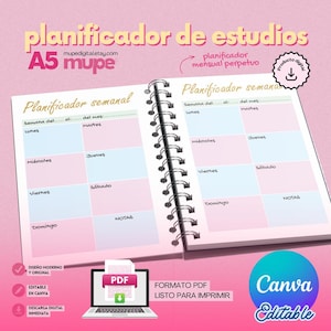 Puede incluir: Un planificador de estudios A5 con encuadernación en espiral y páginas de diseño semanal en rosa y azul. El texto incluye 'planificador de estudios', 'Planificador semanal' y los días de la semana. Un icono de portátil muestra un PDF y un logo de Canva.