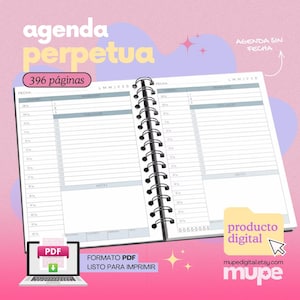 May include: Open perpetual agenda with 396 pages, spiral-bound, and undated. The layout includes sections for dates, to-do lists, and notes. The image also shows a laptop displaying a PDF file, indicating a digital product.