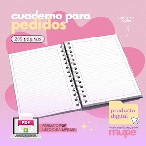 May include: Open notebook with lined pages, spiral binding, and the text "cuaderno para pedidos" and "200 p&aacute;ginas". A laptop displays a PDF icon. The words "producto digital" and a website address are also visible.