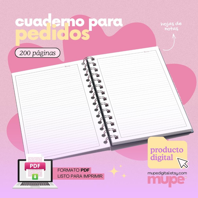 May include: Open notebook with lined pages, spiral binding, and the text "cuaderno para pedidos" and "200 p&aacute;ginas". A laptop displays a PDF icon. The words "producto digital" and a website address are also visible.