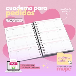 Puede incluir: Cuaderno abierto con encuadernación en espiral, diseñado para el seguimiento de pedidos. La portada dice "cuaderno para pedidos" y "200 páginas." Un portátil muestra un icono PDF, con el texto "FORMATO PDF LISTO PARA IMPRIMIR." La imagen también incluye el texto "producto digital."