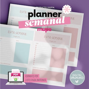 May include: Digital weekly planner in PDF format, ready to print. The design features a soft color palette with pink and blue accents. The text "planner semanal" is prominently displayed, along with the phrases "Esta Semana" and "Formato PDF listo para imprimir."