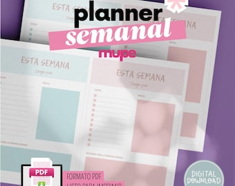Könnte beinhalten: Digitaler Wochenplaner im PDF-Format, druckfertig. Das Design zeichnet sich durch eine sanfte Farbpalette mit rosa und blauen Akzenten aus. Der Text "planner semanal" ist prominent dargestellt, zusammen mit den Sätzen "Esta Semana" und "Formato PDF listo para imprimir."