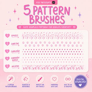 Puede incluir: Gráfico digital rosa para descargar, con cinco pinceles de patrones para Procreate. El texto dice "5 Pattern Brushes" y "Cute Seamless Patterns for Endless Creativity". Cada pincel está numerado y nombrado en español, con iconos.