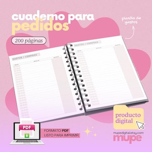 May include: Open notebook with spiral binding, featuring lined pages for order tracking. The cover displays the text "cuaderno para pedidos" and "200 p&aacute;ginas". A digital product is advertised, with a PDF format ready to print.