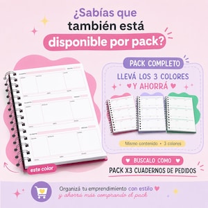 May include: A spiral-bound notebook with pink accents, featuring a layout for client details, date, and notes. The image also shows three notebooks in white, pink, and green. Text includes "PACK X3 CUADERNOS DE PEDIDOS" and "Organiza tu emprendimiento con estilo".