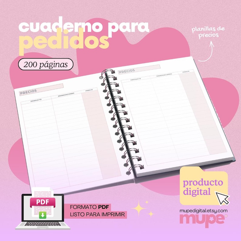 May include: Open notebook with spiral binding, featuring lined pages for order tracking. The cover text reads "cuaderno para pedidos" and "200 p&aacute;ginas." Includes a digital product label and a laptop displaying a PDF icon. The notebook is designed for print.