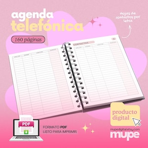 May include: Open spiral-bound notebook with lined pages for contact information. The cover features the text "agenda telefónica" and "160 páginas". A laptop displays a PDF file, with the text "FORMATO PDF LISTO PARA IMPRIMIR". The background is pink.