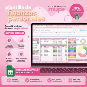 Pode incluir: Um laptop exibe um modelo de finanças pessoais no Google Sheets. A tela mostra dados financeiros com gráficos. O texto rosa e branco na tela diz "plantilla de finanzas personales" e "100% Editable Google Sheets."
