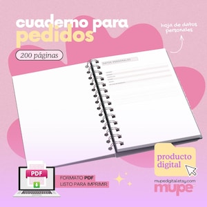 May include: An open spiral-bound notebook with the text "cuaderno para pedidos" and "200 p&aacute;ginas". The notebook is open to a page with the words "DATOS PERSONALES". A laptop displays a PDF file. The image also includes the text "FORMATO PDF LISTO PARA IMPRIMIR".