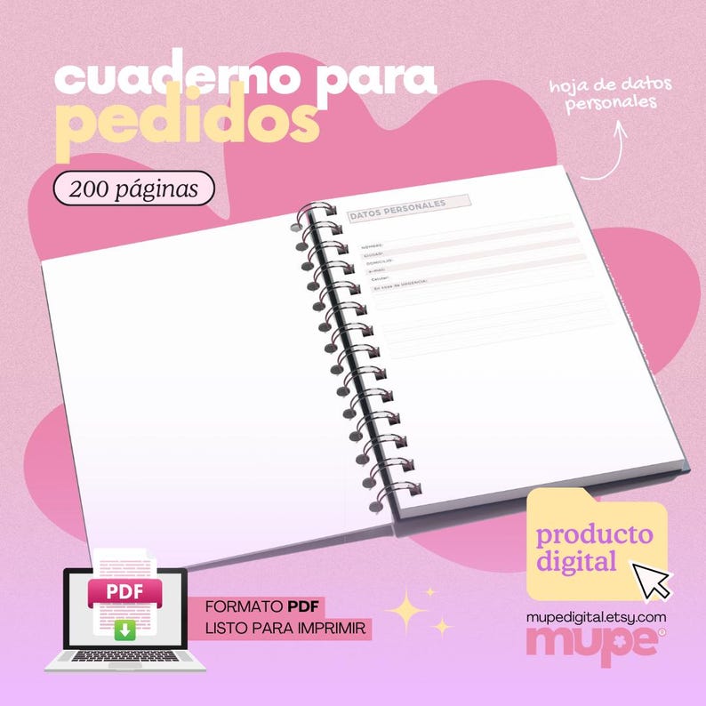 May include: An open spiral-bound notebook with the text "cuaderno para pedidos" and "200 p&aacute;ginas". The notebook is open to a page with the words "DATOS PERSONALES". A laptop displays a PDF file. The image also includes the text "FORMATO PDF LISTO PARA IMPRIMIR".