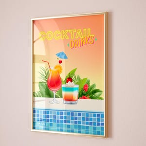 Póster digital de cócteles tropicales, póster imprimible para bar de verano, decoración de piscina, arte digital retro de verano, descarga instantánea