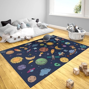Space Themed Kids Rug, Galaxy Play Rug for Boys, Washable Kids Room Rug, Rocket Kids Room Decor, Space Baby Rug, Space Rug,Astronaut Rug co6