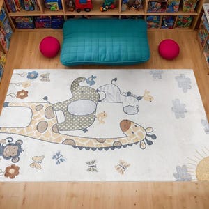 Cute Giraffe Kids Room Rug, Safari Nursery Animal Playroom Carpet, Gender Neutral Baby Room Decor, Sweet Giraffe & Friends Nursery Rug 86