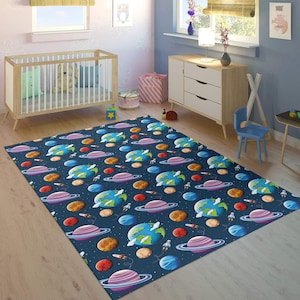 Space Themed Kids Rug, Galaxy Play Rug for Boys, Washable Kids Room Rug, Rocket Kids Room Decor, Space Baby Rug,Space Rug,Astronaut Rug co43