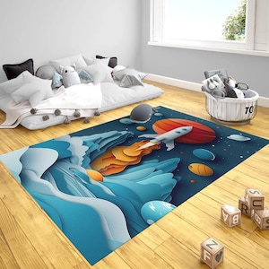 Space Themed Kids Rug, Galaxy Play Rug for Boys, Washable Kids Room Rug, Rocket Kids Room Decor, Space Baby Rug,Space Rug,Astronaut Rug