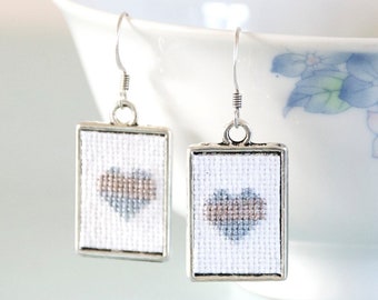 CLEARANCE - Silver Cross Stitch Heart Earrings - Blue Embroidered Frame Drop Valentine's Day Anniversary Gift