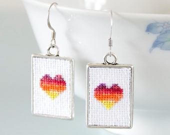 CLEARANCE Sunset Cross Stitch Heart Earrings - Red Orange Rectangle Frame Anniversary Valentine's Day Gift