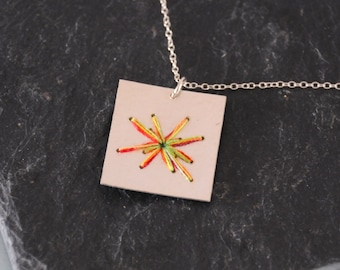 Silver Square Necklace - Orange Embroidered Yellow Green Cotton Metalwork Hammered Sterling Silver