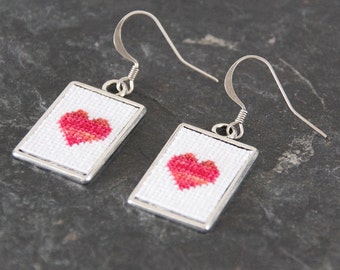 CLEARANCE - Deep Red Heart Cross Stitch Earrings - Embroidered Rectangle Frame Valentine's Day Anniversary Gift