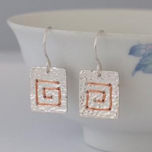 Square Spiral Earrings Sterling Silver Copper Wire Wrapped Metalwork Hammered Jewellery Gift image 1