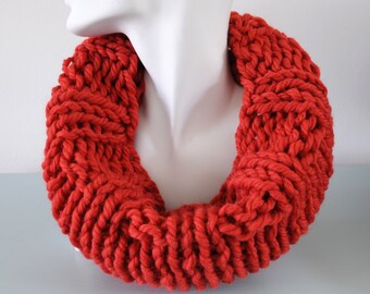 Pumpkin Orange Cowl - Red Knitted Infinity Scarf Reversible Chunky Bulky Merino Wool Winter Accessory Unisex Gift