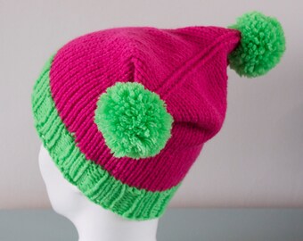 Pink Double Pom Pom Hat - Green Chunky Knitted Beanie Merino Wool Winter Accessory Unisex Gift