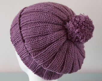 Purple Beanie Hat - Mauve Knitted Slouch Merino Wool Lilac Pom Pom Gift Winter Accessory