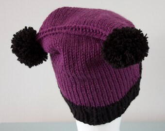 Purple Double Pom Pom Hat - Black Knitted Beanie Merino Wool Acrylic Winter Accessory Unisex Gift