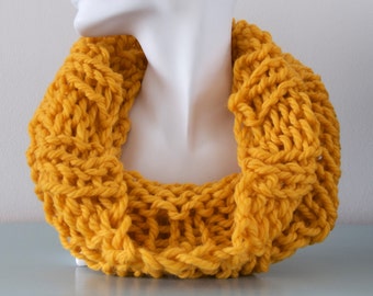 Yellow Knitted Cowl - Chunky Mustard Infinity Scarf Merino Wool Unisex Winter Gift