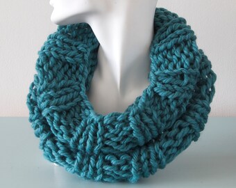 Teal Cowl - Blue Green Chunky Knitted Infinity Scarf Reversible Merino Wool Winter Accessory