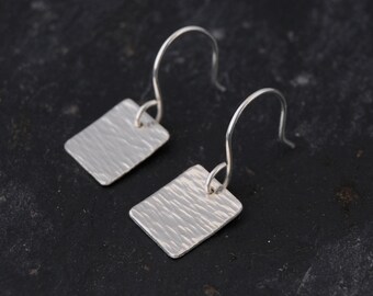 Small Silver Square Earrings - Horizontal Linear Textured Hammered Sterling Silver Jewellery