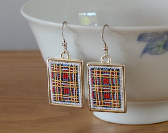 Royal Stewart Tartan Earrings - Cross Stitch Scottish Jewellery Rectangle Silver Plaid Scotland Gift