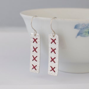 Long Red Cross Stitch Earrings Rectangle Metalwork Wire Hammered Sterling Silver Jewellery Gift image 1