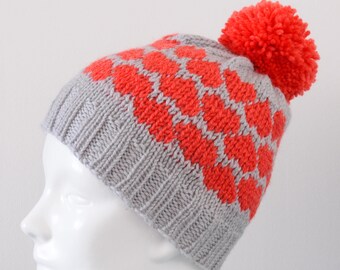 Red Heart Fair Isle Beanie Hat - Small Grey Modern Knitted Merino Wool Pom Pom Valentine's Day Gift Winter Accessory