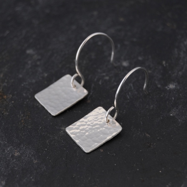 Small Square Silver Earrings - Hammered Sterling Silver Dimpled Metalwork Minimalist Jewellery Gift