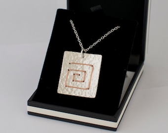 Square Spiral Necklace - Hammered Pendant Sterling Silver Wire Wrapped Metalwork Jewellery