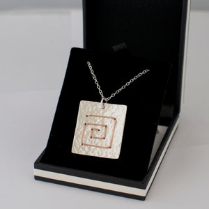 Square Spiral Necklace - Hammered Pendant Sterling Silver Wire Wrapped Metalwork Jewellery
