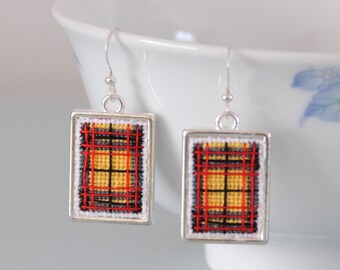 Macleod Tartan Earrings - Cross Stitch Yellow Scottish Plaid Jewellery Rectangle Frame Scotland Gift