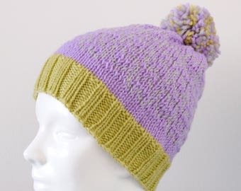 Lavender Heart Fair Isle Beanie Hat - Pistachio Grey Modern Knitted Merino Wool Pom Pom Valentine's Day Gift