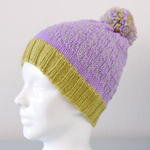 Lavender Heart Fair Isle Beanie Hat Pistachio Grey Modern Knitted Merino Wool Pom Pom Valentine's Day Gift image 1