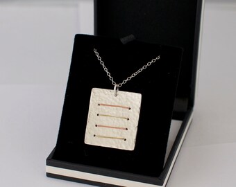 Square Linear Necklace - Hammered Pendant Sterling Silver Wire Wrapped Metalwork Jewellery Gift