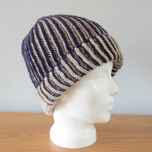 Purple & Beige Brioche Beanie Hat Knitted Reversible Ribbed Merino Wool Unisex Outdoors Gift image 1