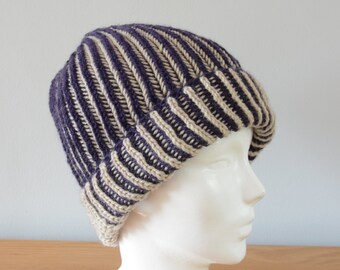 Purple & Beige Brioche Beanie Hat - Knitted Reversible Ribbed Merino Wool Unisex Outdoors Gift