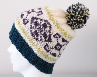 Cream Fair Isle Beanie Hat - Green Purple Knitted Merino Wool Pom Pom Winter Accessory Unisex Gift