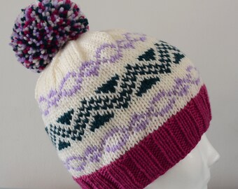 Cream Fair Isle Beanie Hat - Green Lavender Pink Modern Knitted Zig Zag Merino Wool Pom Pom Unisex Winter Accessory