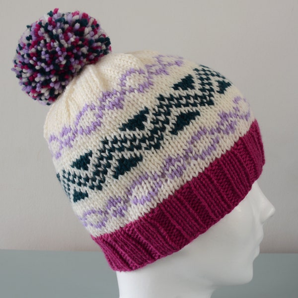 Cream Fair Isle Beanie Hat - Green Lavender Pink Modern Knitted Zig Zag Merino Wool Pom Pom Unisex Winter Accessory